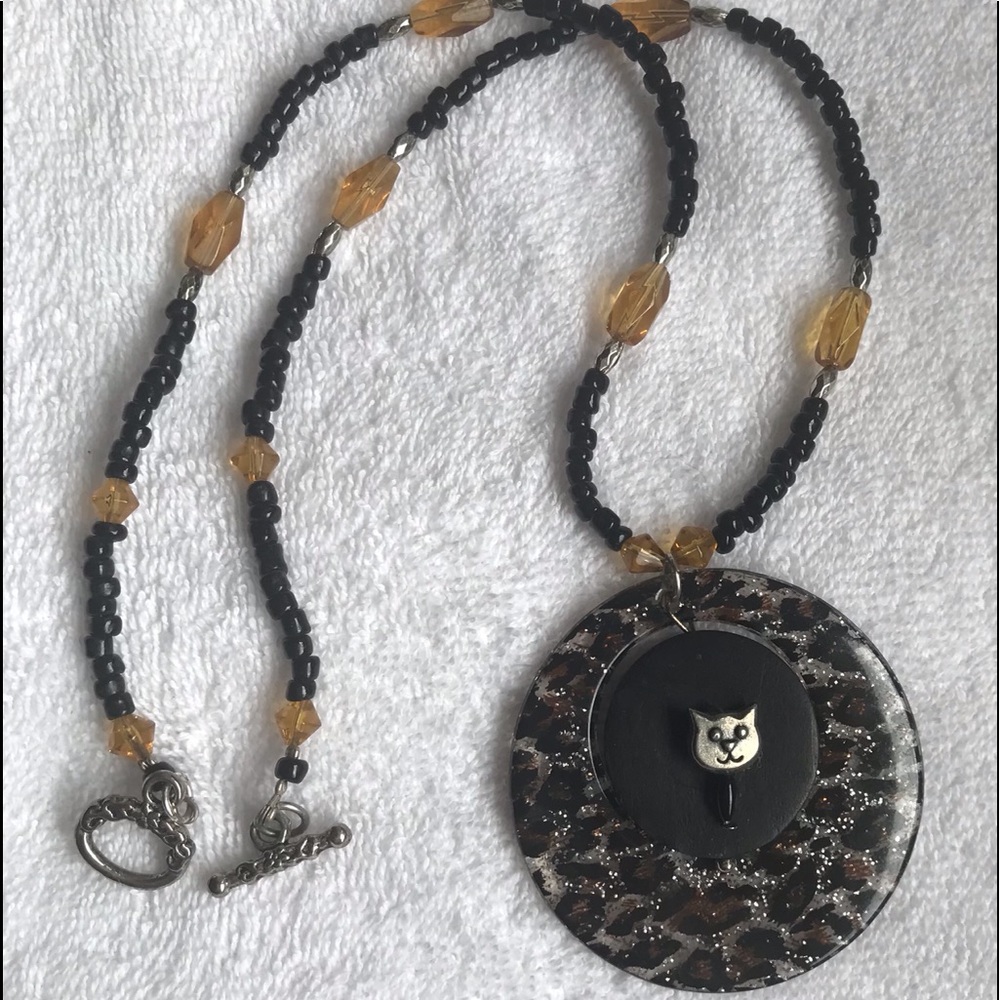 Leopard Print Cat Kitty Necklace Faceted Beaded Plastic Pendant 20"